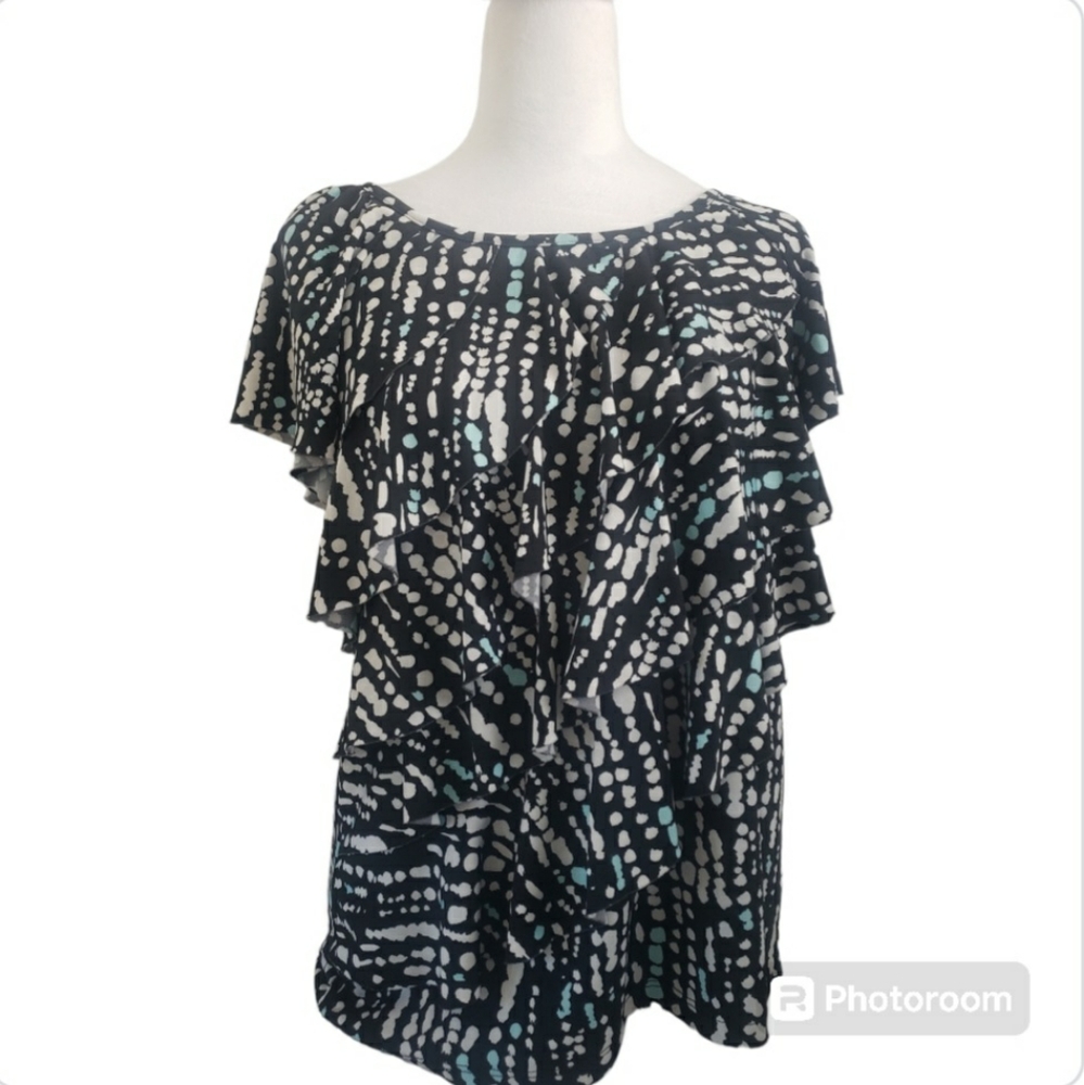 AB Studio Woman's Tiered Ruffle Short Sleeve Black, Blue, White Sz M